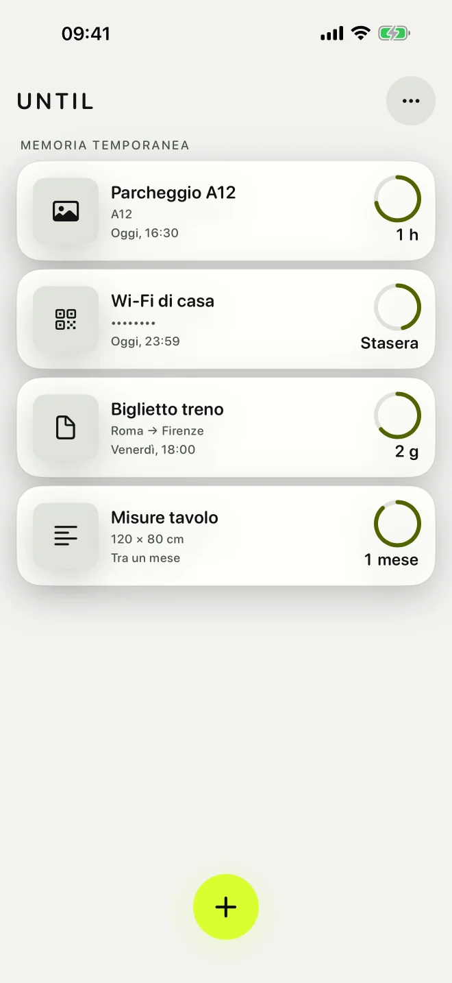 Schermata iniziale di UNTIL con quattro elementi temporanei e le rispettive scadenze.